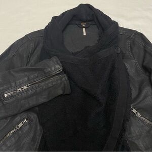 Free People Moto Jacket Draped Knit Front Coated Denim Black Women’s Small